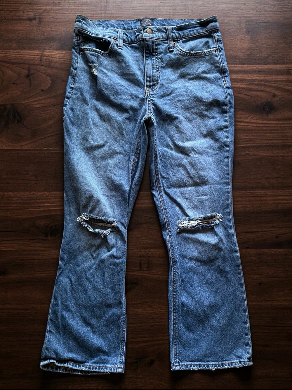 J.‎ Crew Women’s Midrise Flare Crop Distressed Blue Jeans Size 29
